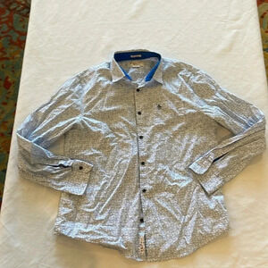 Penguin Heritage Men’s Slim Fit Dress/Casual White and‎ Blue Print Large EUC